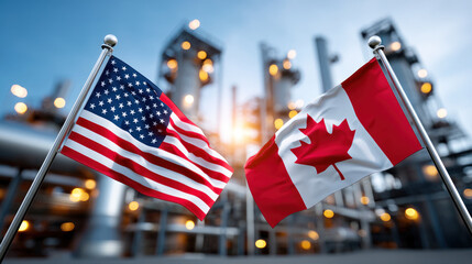 An USA and Canada flags waving in front of industrial background, symbolizing trade partnership and economic collaboration