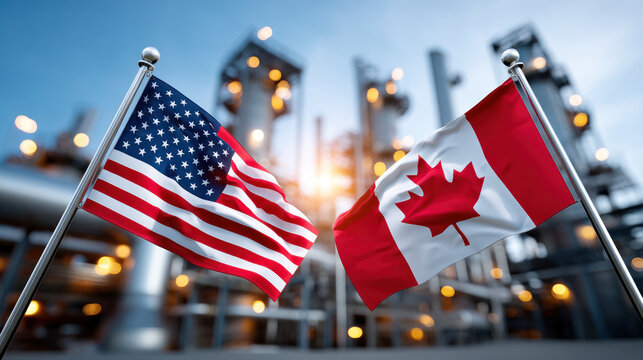 An USA and Canada flags waving in front of industrial background, symbolizing trade partnership and economic collaboration