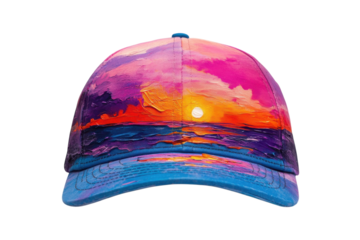 Vibrant Sunset Ocean Baseball Cap Hand Painted Artistic Design Bold Colors on transparent background
