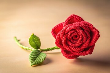 Surreal Crochet Rose Photography: Pastel Background, Amigurumi, Cute Red Rose, Handmade Wool Flower, Copy Space