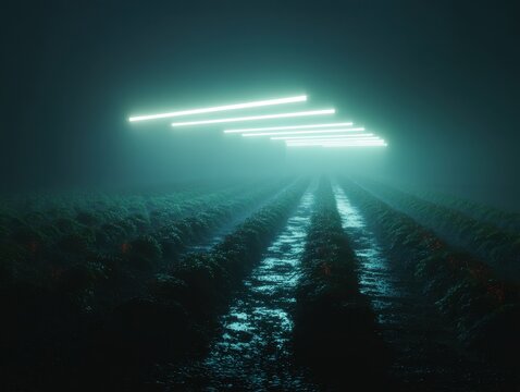 Eerie illuminated landscape with glowing tubes above. Foggy atmosphere over a textured surface with parallel lines into the darkness.