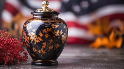 Decorative urn with gold leaves against American flag background