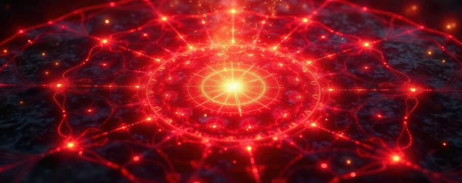 Fiery red mandala, root chakra energy swirling, glowing, vibrant, texture, focus, willpower