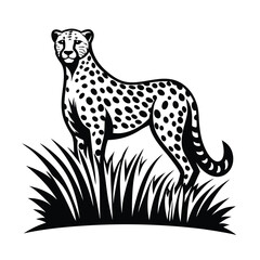 Silhouette Cheetah Standing Tall in Grass Patch, Black and White Wild Animal