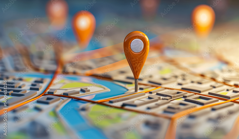 Aufkleber map with a red pin on it. the map is of a city and the pin is located in the middle of the map