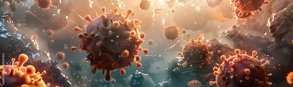 Aufkleber bunch of red and orange viruses are floating in the air. the viruses are small and are scattered thr
