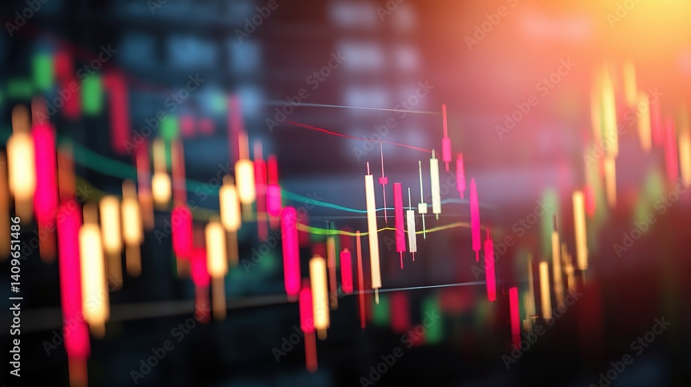 Aufkleber double exposure of colorful candlestick chart graph on dark background