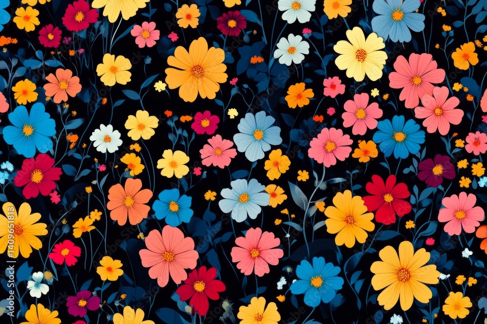 Poster vibrant cosmos flowers create a cheerful and colorful seamless pattern on a dark background, perfect