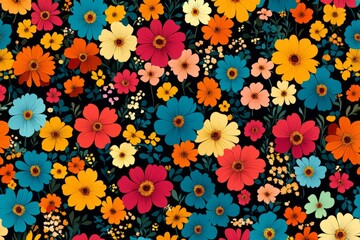 Vibrant seamless floral pattern featuring colorful cosmos flowers on a dark background, creating a cheerful and lively design