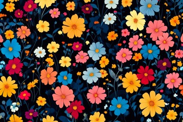 Vibrant cosmos flowers create a cheerful and colorful seamless pattern on a dark background, perfect for adding a touch of nature to any design