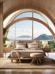 A bedroom with a large arched window overlooking the ocean and mountains in a luxurious interior space