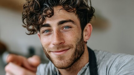 Fototapeta premium Man with a beard and curly hair is smiling and pointing to something. He has blue eyes and a beard