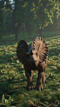 A Triceratops grazes peacefully in a lush prehistoric landscape. The dinosaur's distinctive frill and horn are prominent. Sunlight filters through trees, serene atmosphere. Vertical shot