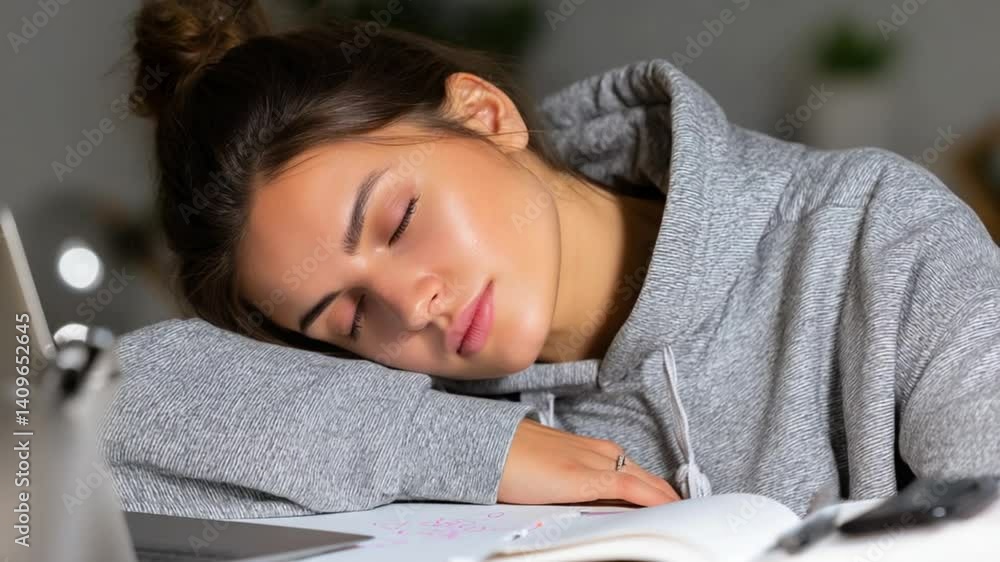 Poster student struggles with fatigue and insomnia while studying late generative ai