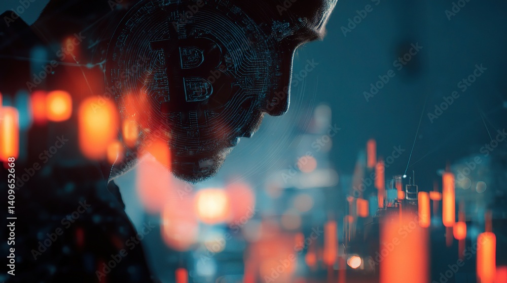 Poster trader analyzing bitcoin price trends with candlestick graphs