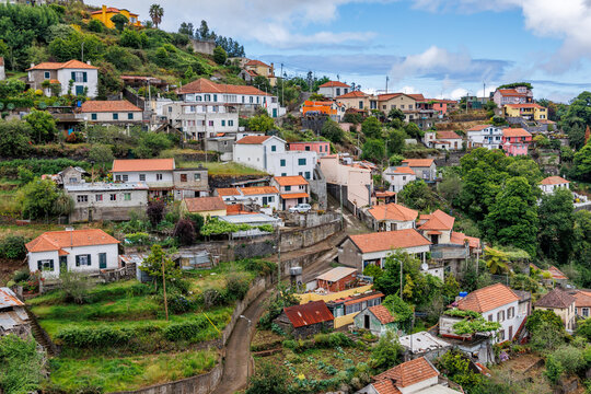 Houses in Camacha mountainous town in municipality of Santa Cruz, Madeira Island, Portugal