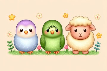 Obraz premium Adorable Pastel Penguin Parrot and Lamb in Flower Field