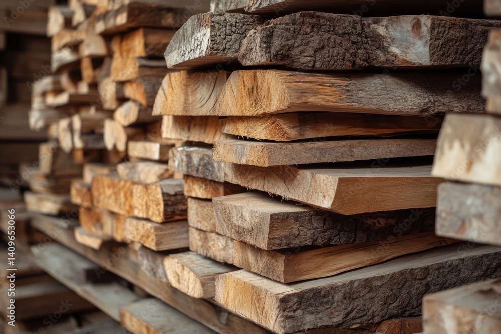Aufkleber wooden planks stacked high, creating an abstract pattern with their varying textures and warm tones