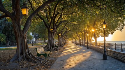 Obraz premium Coastal Path with Lamps & Benches at Sunset. Travel promo, urban landscape use