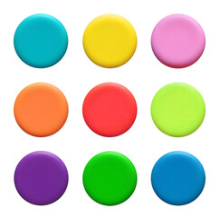 set of 3d plastic buttons, play doh render of colorful blank buttons isolated on transparent background, colour modelling clay buttons cut out with copy space, PNG file