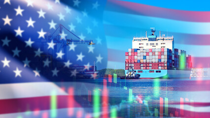 Cargo ship with containers near U.S. port overlaid with American flag and stock chart, symbolizing...