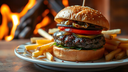 Hamburger with french fries tasty 