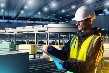 Logistics worker in safety gear inspects packages on a conveyor system inside a modern distribution...