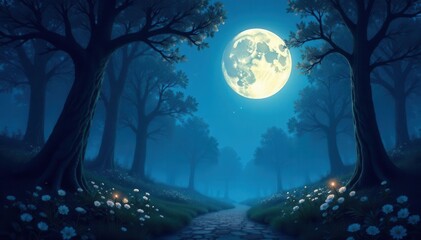 Full moon illuminates mystical forest, shadows dance, full moon, dark