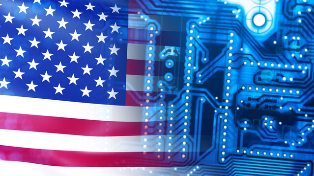 Overlay of the U.S. flag and a blue electronic circuit board symbolizes the American technology sector, innovation, and the semiconductor industry.