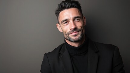 Obraz premium Handsome Businessman Studio Portrait in Black Turtleneck Against Gray