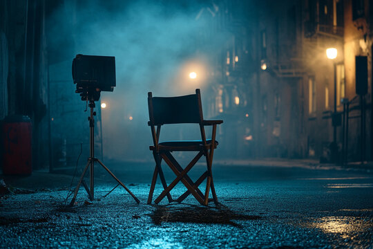 Night film set lone director chair mysterious urban scene
