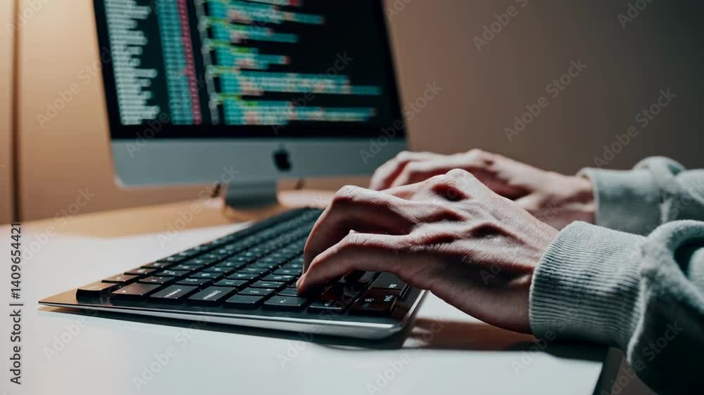 Aufkleber Focused programmer typing source code on wireless keyboard, working intently with colorful programming interface visible on computer screen, showcasing professional software development process
