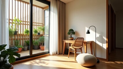 Fototapeta premium Contemporary room with a stylish chair and elegant table creating a comfortable space for relaxation and leisure activities