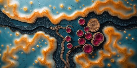 Abstract textured design featuring blue, gold, and red elements in an organic arrangement