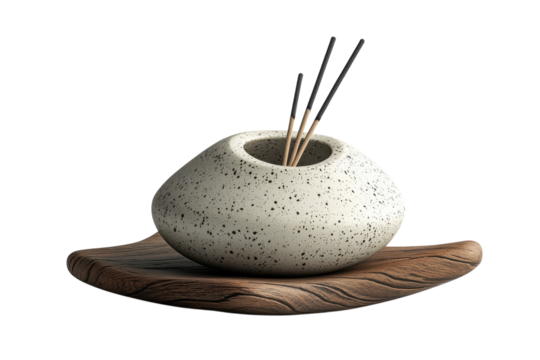 Elegant speckled ceramic incense holder on rustic wooden base perfect for on transparent background