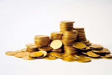 積み上げられた金色のコインのクローズアップ 白い背景で光に照らされた金属製の円盤の財産と富を表現