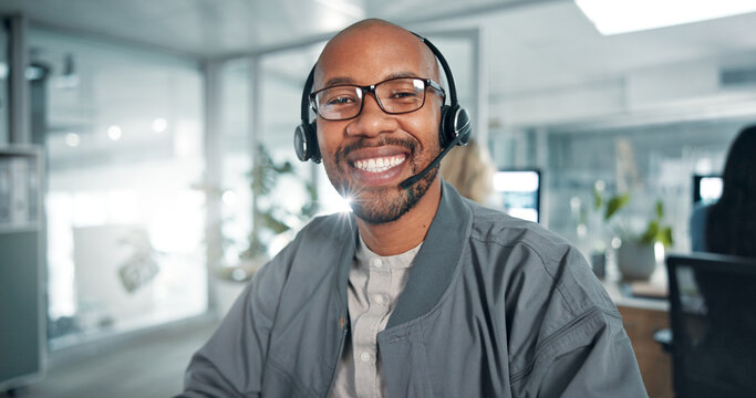Call center, communication and portrait of man with headset in office for contact us with CRM. Talking, customer experience and happy male technical support agent with audio tech for consultation.