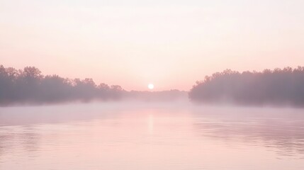 Fototapeta premium Misty pink sunrise over a tranquil river.