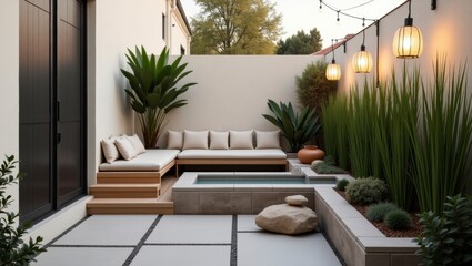 Modern patio showcasing a relaxing bench set in a beautiful tiny backyard garden surrounded by lush greenery and nature