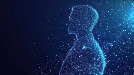 Digital businessman profile, glowing network background, futuristic concept, website banner