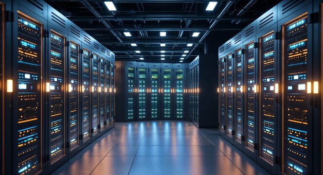 A data center for a government agency with glowing server racks and high tech displays cinematic view background 