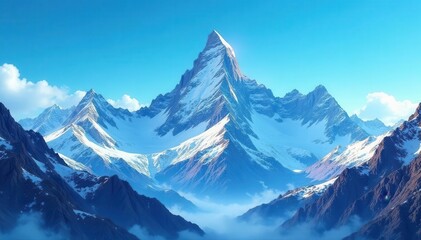 Obraz premium Jagged snow-capped peaks pierce a vibrant blue sky , wilderness, crisp, breathtaking