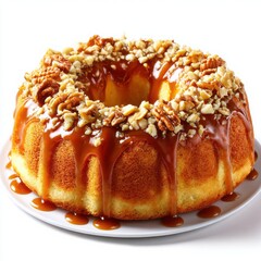 Delicious bundt cake with caramel drizzle and walnut topping view isoleted on white background