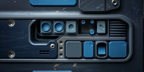 Intricate blue and gray textured panel with buttons and metallic elements - close up view