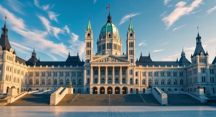 Obraz premium A national parliament building with towering spires and grand staircases cinematic view background 