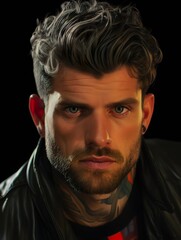 Obraz premium Portrait of a man with light eyes and dark hair wearing a black jacket against a black background