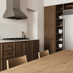 A stylish modern kitchen interior featuring beautiful wooden elements and sleek modern appliances