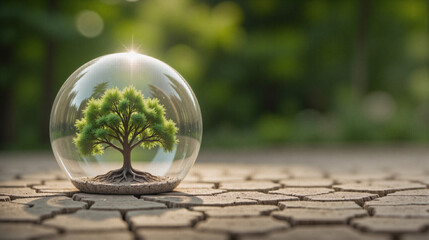 Tree in Glass Dome on Cracked Earth: Environmental Protection, Climate Change Concept, Ecosystem Preservation