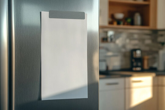Blank note on fridge door kitchen background sunlight