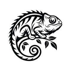 Silhouette Chameleon on Branch, Reptile Wildlife, Monochrome Tribal Animal, Black and White